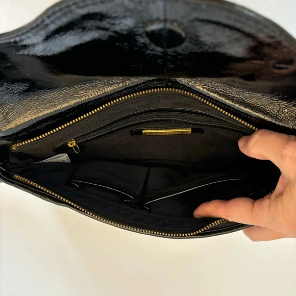 Elliott Lucca Woven Black Patent Leather Zip Top Foldover Large Clutch Wristlet - Picture 10 of 11